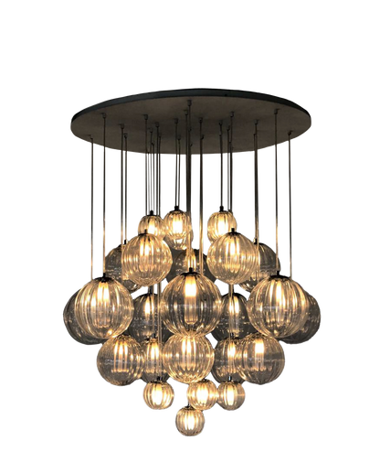Chandelier with multiple glass bulbs on a white background