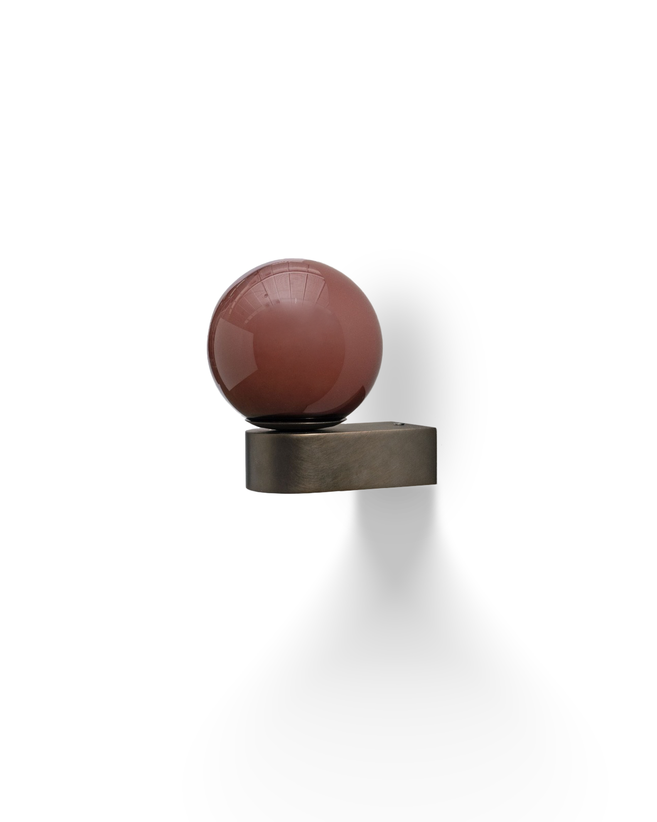plum sphere on a metallic stand against a white background handmade glass with bronze fixture best lighting in melbourne interior designer glass lights melbourne