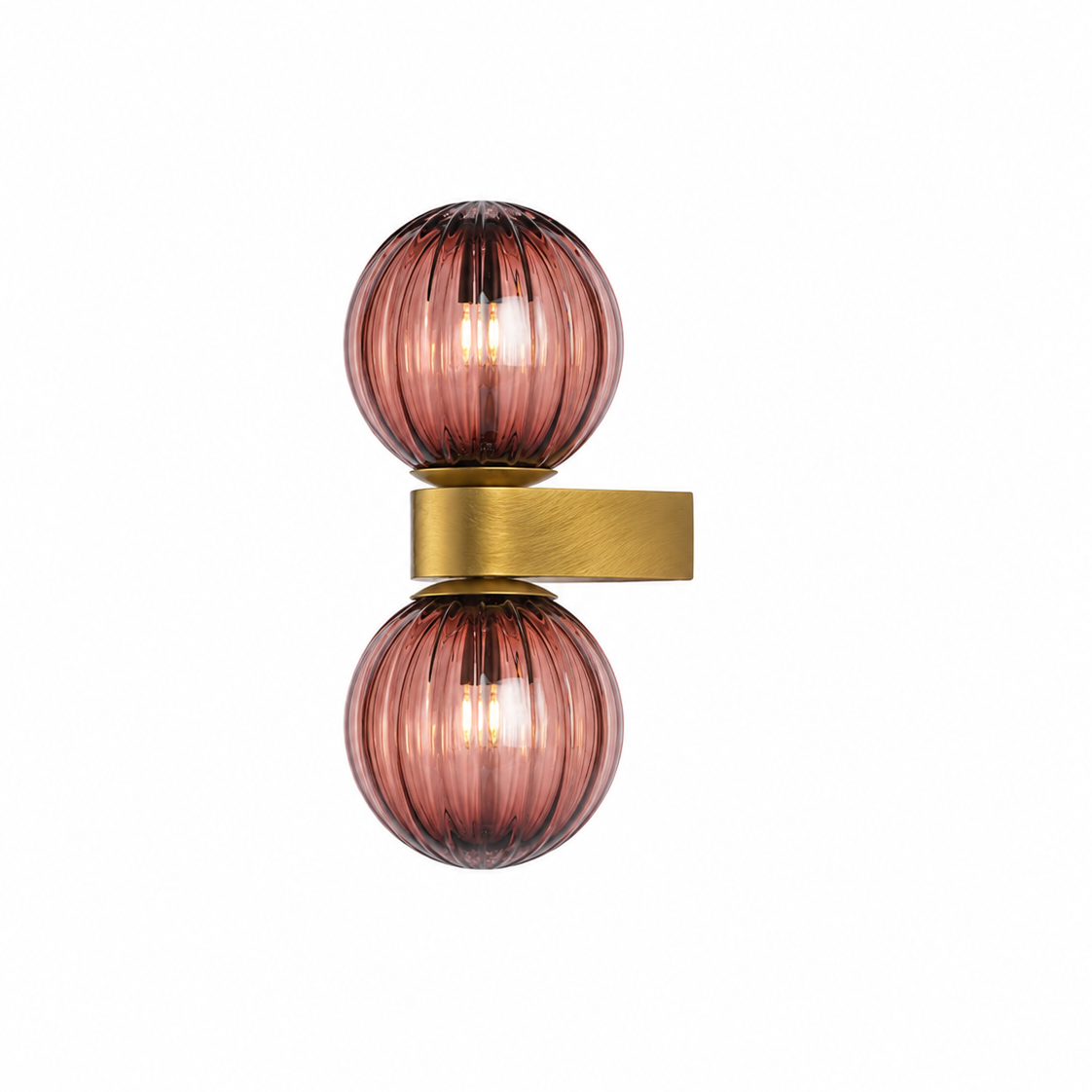 Decorative wall light fixture with pink glass shades and gold metal accents on a white background